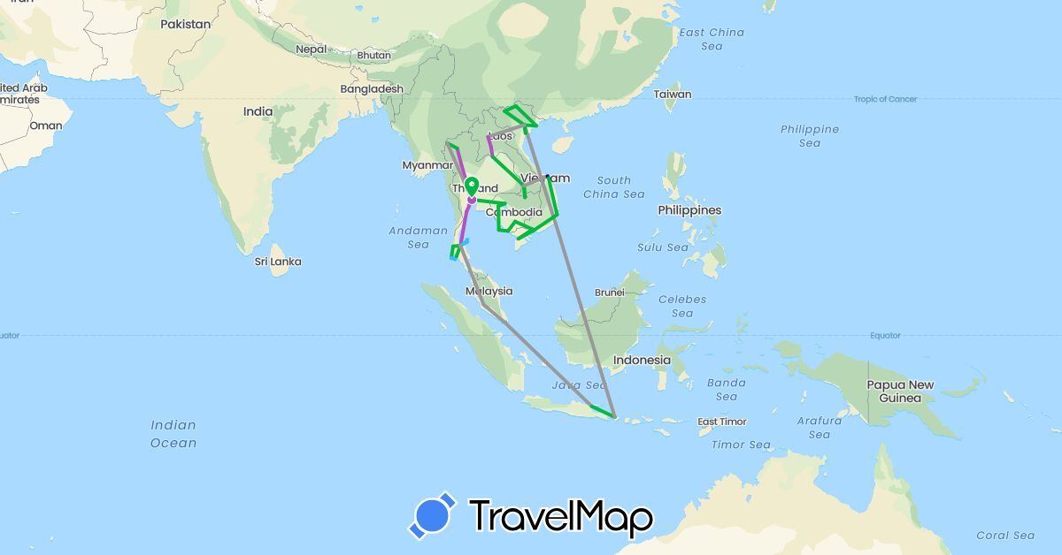 TravelMap itinerary: driving, bus, plane, train, boat in Indonesia, Cambodia, Laos, Malaysia, Singapore, Thailand, Vietnam (Asia)